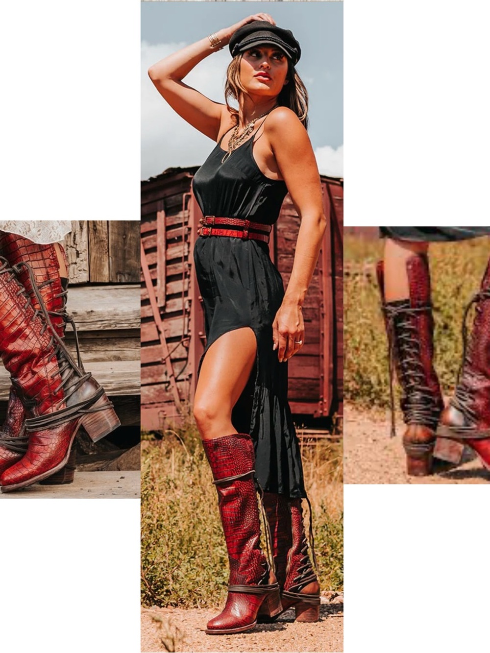 Freebird Coal Red Croco Leather Knee High Boots Zip Lace Up Women’s Size 7